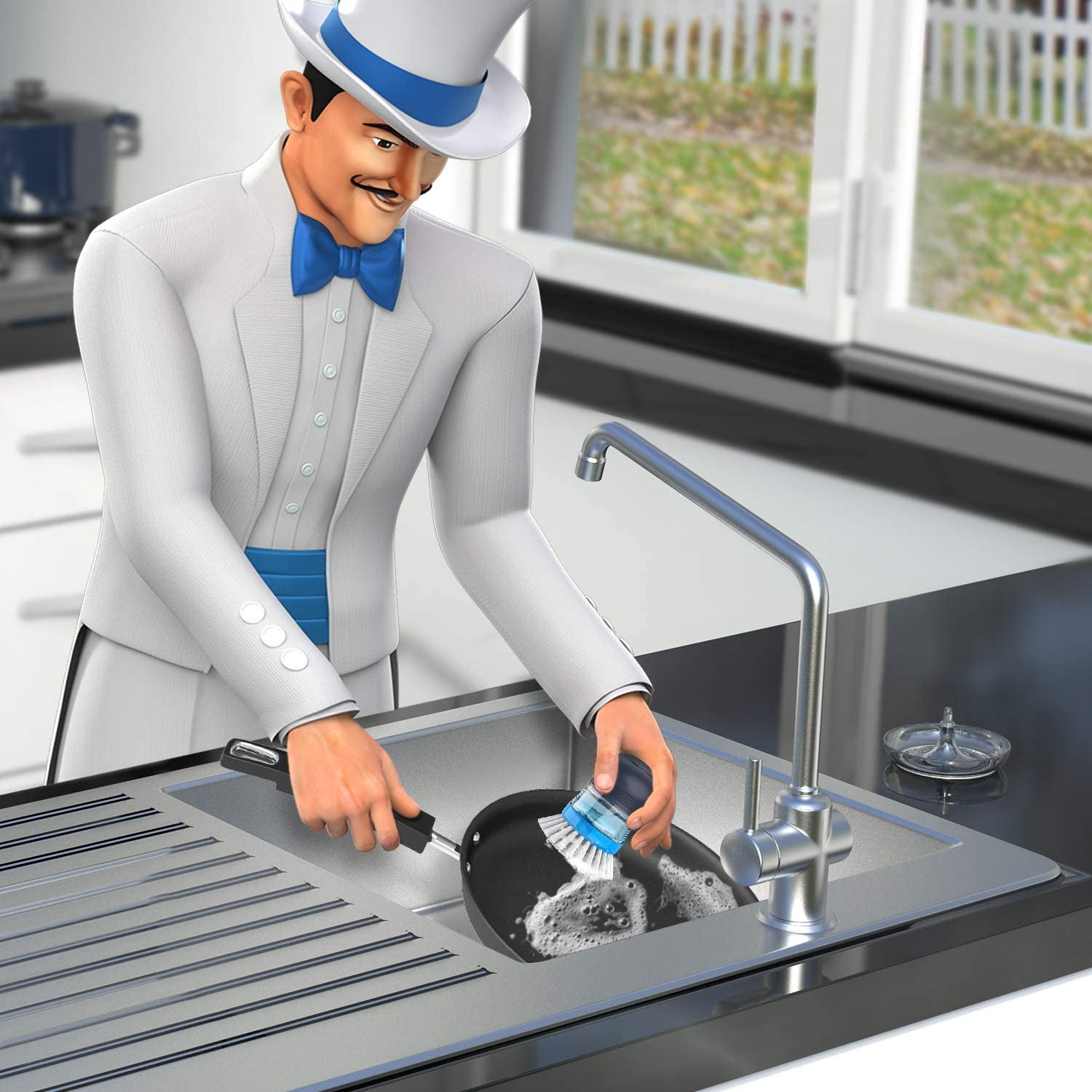 Soap Dispensing Palm Brush Storage Set for Kitchen Cleaning - Includes Holder for Pots, Pans, and Sinks