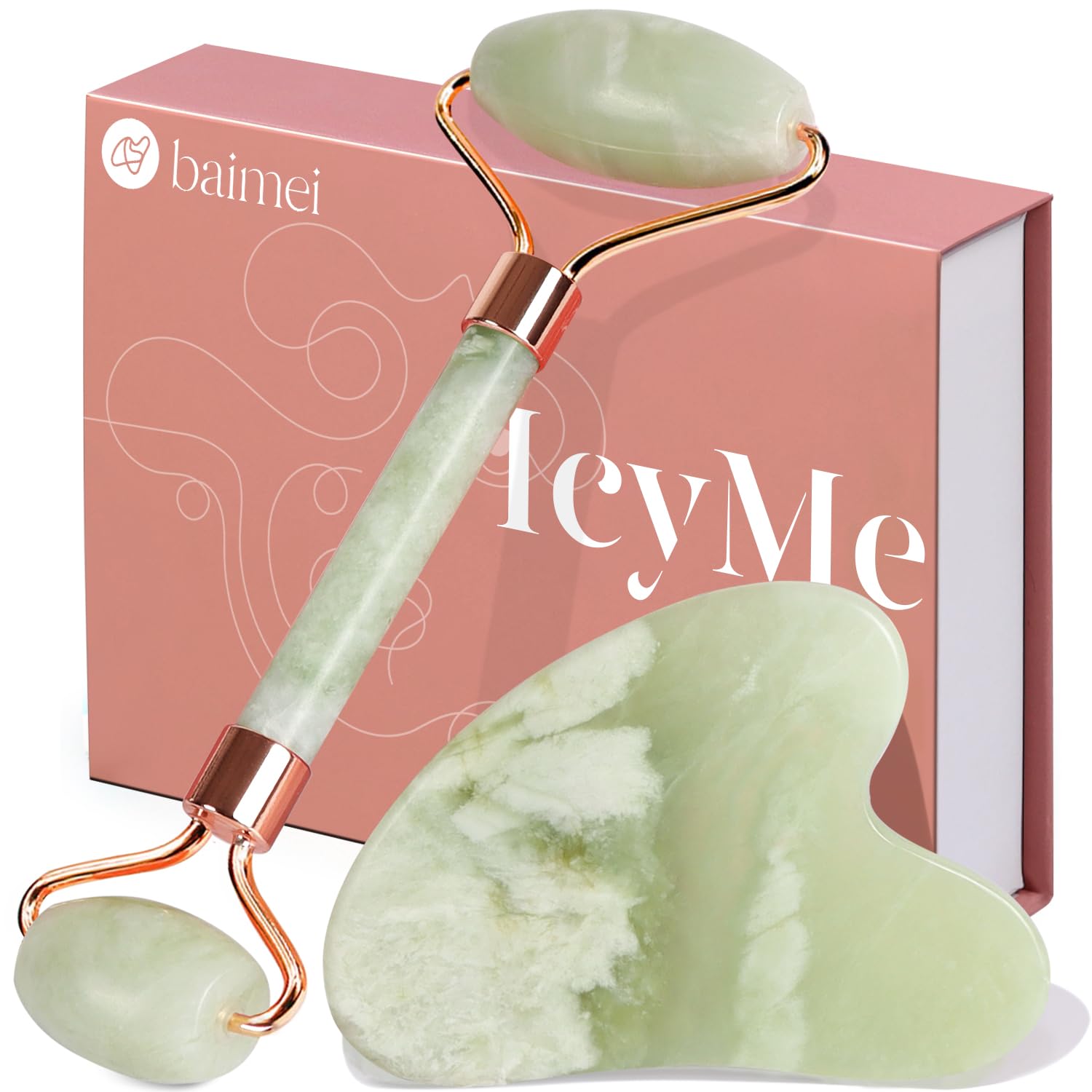 Icyme Gua Sha & Jade Roller Set, Cooling Face Roller & Guasha Tool for Face Depuffing, Facial Sculpting & Jawline Definition, Smooth Rolling Skincare Tools Gifts for Women & Men – Green
