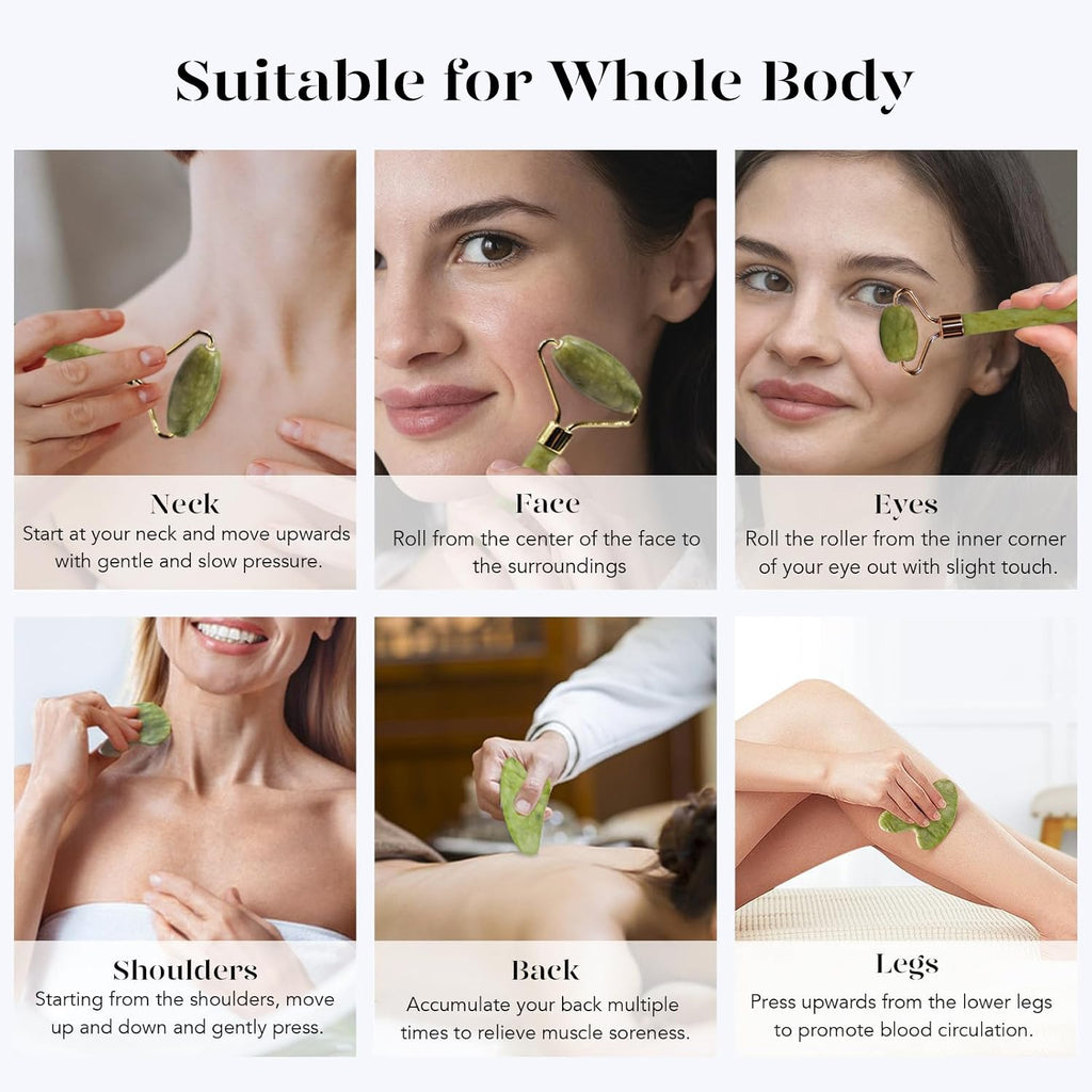 Icyme Gua Sha & Jade Roller Set, Cooling Face Roller & Guasha Tool for Face Depuffing, Facial Sculpting & Jawline Definition, Smooth Rolling Skincare Tools Gifts for Women & Men – Green