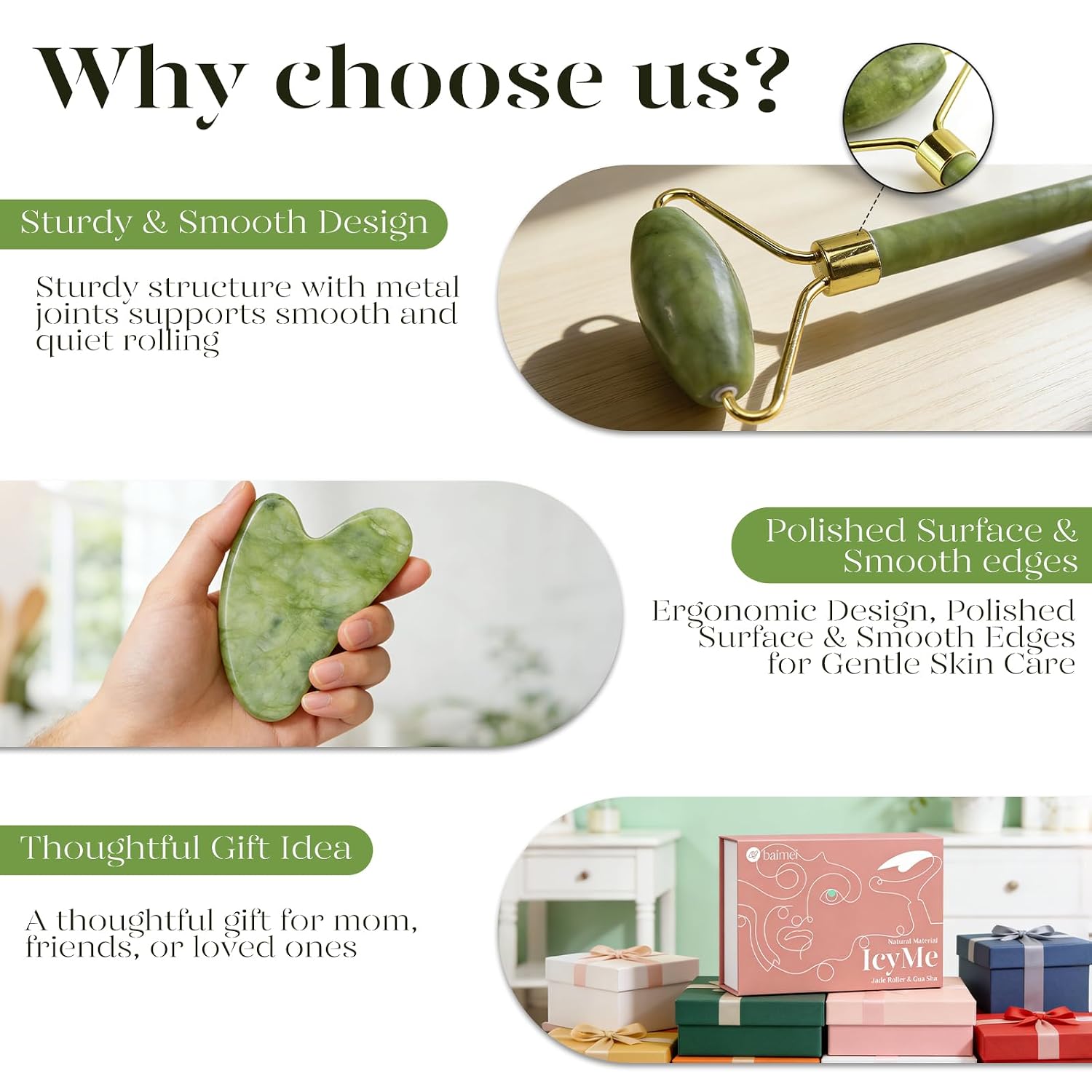 Icyme Gua Sha & Jade Roller Set, Cooling Face Roller & Guasha Tool for Face Depuffing, Facial Sculpting & Jawline Definition, Smooth Rolling Skincare Tools Gifts for Women & Men – Green